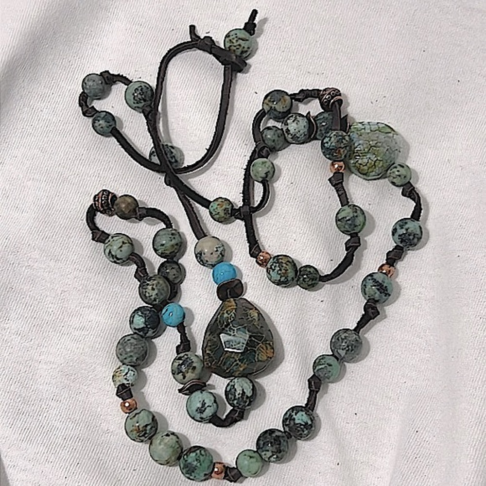 Long Faceted Semi Precious Stone Necklace on Leather Strand - NEW